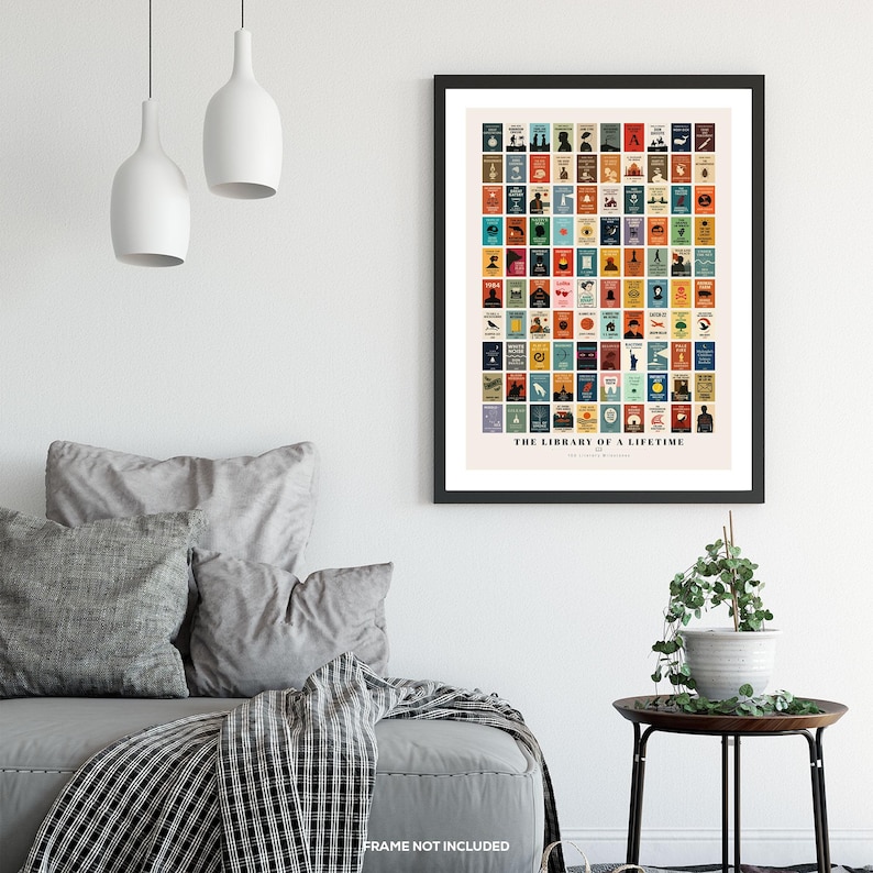 May include: A black framed poster with a white background and colorful book covers. The poster is titled "The Library of a Lifetime".