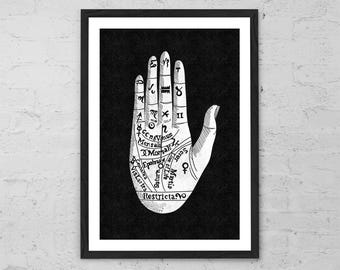 Lámina artística de quiromancia y quiromancia: decoración de pared ocultista, póster de astrología vintage, ilustración mística de una mano en blanco y negro