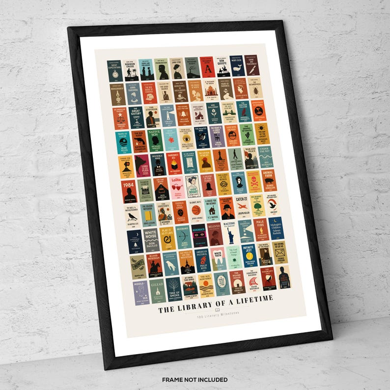 May include: A black framed poster with a white background and colorful book covers. The poster features a list of books titled "The Library of a Lifetime".