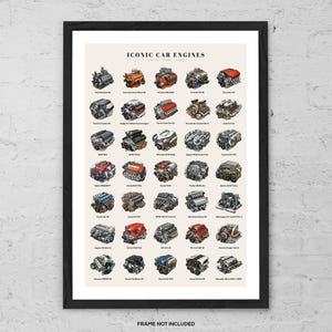 May include: Framed print featuring detailed illustrations of various iconic car engines. The artwork showcases a variety of engine types, each with unique designs and colors. The text "ICONIC CAR ENGINES" is displayed at the top. The phrase "FRAME NOT INCLUDED" is at the bottom.