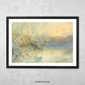 May include: A framed art print featuring a serene landscape with a lake, trees, and figures. The artwork has a soft, watercolor style with muted greens, blues, and yellows. The frame is black, and the text "FRAME NOT INCLUDED" is at the bottom.