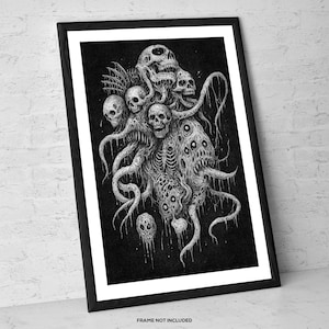 May include: A framed black and white art print depicting a detailed illustration of a monstrous creature made up of skulls, tentacles, and multiple eyes. The artwork has a dark, gothic style. The text "FRAME NOT INCLUDED" is at the bottom.