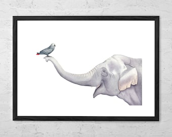 Elephant And Bird Watercolor - Neutral Nursery Decor - Baby Gift ideas - Animal Prints - Elephant Nursery Wall Art - Safari Nursery Decor