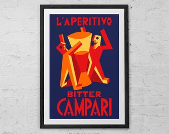 L'aperitivo Bitter Campari - Stampa artistica - Arte futurista vintage - Stampa di liquori italiani anni '20 - Decorazione da parete per bar Art Déco - Design di cocktail retrò
