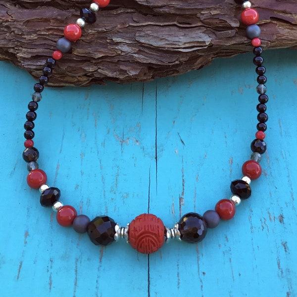Unique Handmade Cinnabar, Coral and Onyx necklace, with Sterling Silver and Black Onyx/ Handmade necklace/Cinnabar and Coral necklace