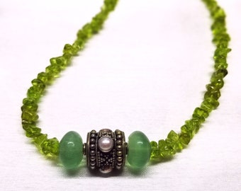 Handmade Unique Peridot Necklace, Green Fluorite and Sterling Silver with Freshwater Pearls / Handmade necklace / Peridot necklace