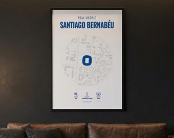 Mapa del estadio Santiago Bernabéu para pared – Regalo para aficionados del Real Madrid – Póster minimalista de fútbol para la decoración de la cueva del hombre