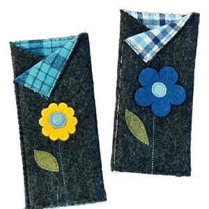 Handcrafted Flannel-Lined Felt Sunglass Cases – Unique Blue Flower Designs