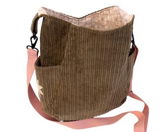 Army Green Corduroy Crossbody Bag with Bunny-Themed Lining & Adjustable Strap - Handmade