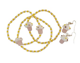 Cupcake Charm Bracelet & Earrings: Glass Beads, Sweet Birthday Party Favor