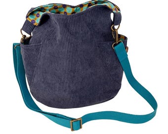 Royal Blue Corduroy Crossbody Bag with Button-Patterned Lining & Adjustable Strap - Handmade