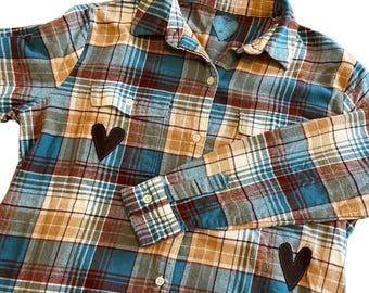 Plaid Flannel Shirt with Brown Heart Appliqués: Soft Cotton