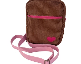 Handmade Crossbody Bag - Soft Brown Corduroy with Pink Heart Appliqué, Plaid Lining & Adjustable Strap