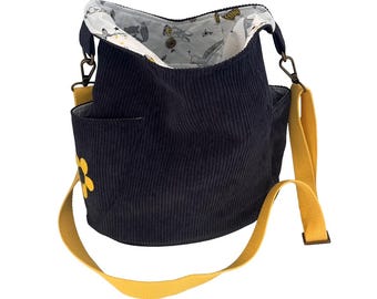 Midnight Blue Corduroy Crossbody Bag with Woodland Lining & Adjustable Strap - Handmade