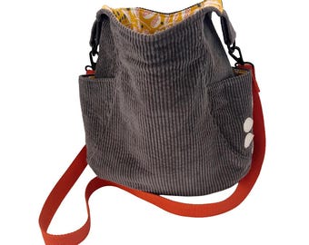 Slate Corduroy Crossbody Bag with Abstract Leaf and Dot Lining & Adjustable Strap - Handmade
