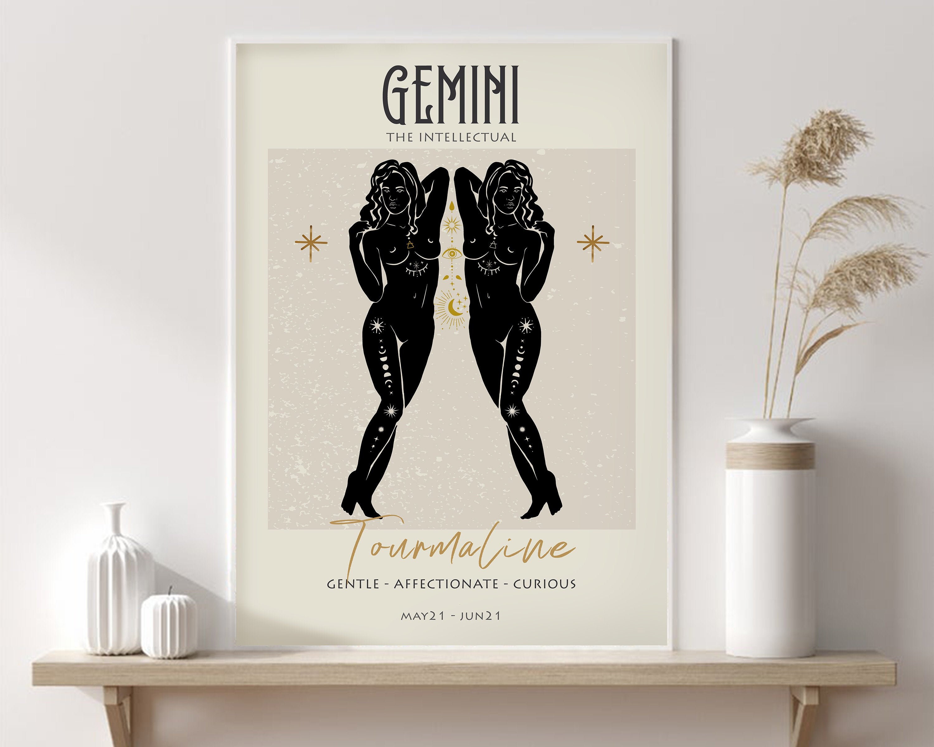 Gemini Star Sign Print Zodiac Wall Art Gold & Black Mystical Etsy