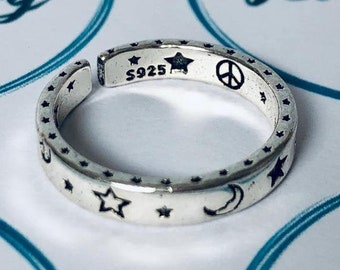 Adjustable Star Moon Emoji Smiley Face Ring 925 Sterling Silver Plated - Free UK Shipping