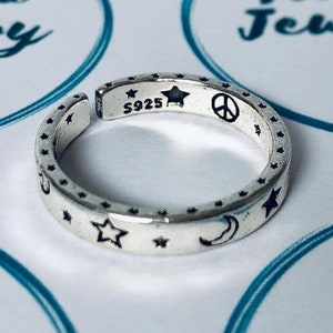 Adjustable Star Moon Emoji Smiley Face Ring 925 Sterling Silver Plated - Free UK Shipping