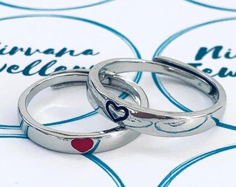 Par de anillos de corazón de amor de plata, anillos de pareja, anillos de amistad, conjuntos de anillos, anillo ajustable, anillo de tamaño considerable, anillo minimalista