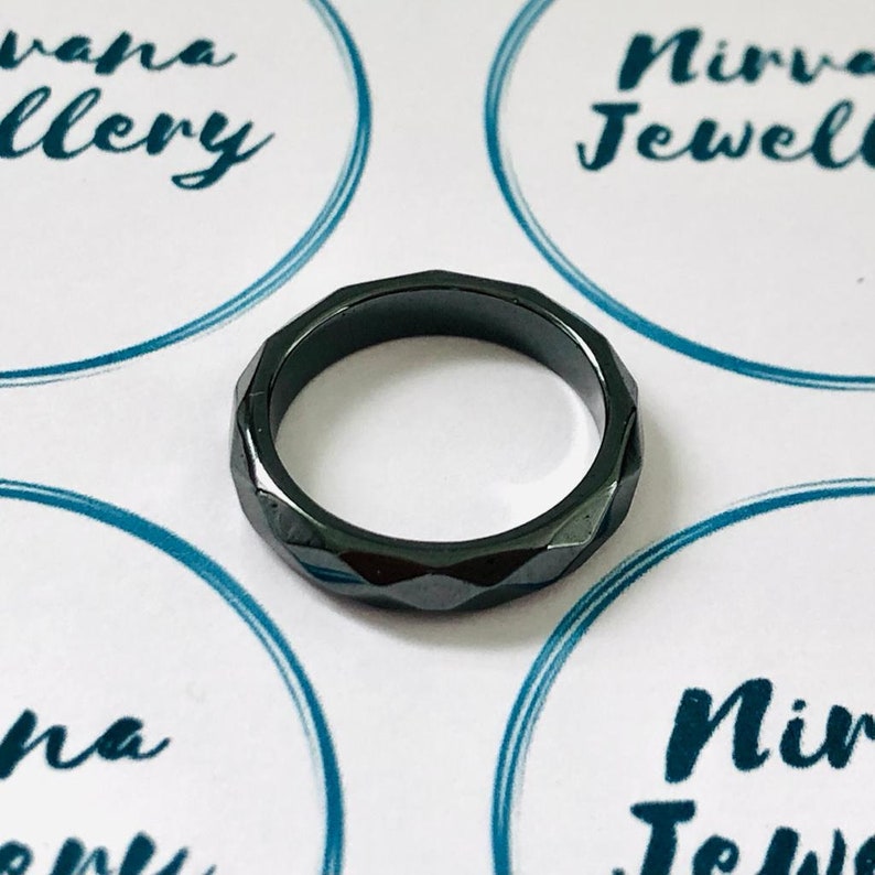 Faceted Hematite Ring (4mm wide) - Free UK Shipping 