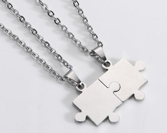 2 Piece Stainless Steel Jigsaw Puzzle Necklace, Couple Necklace, Friendship Necklace, Puzzle Necklace, Gift