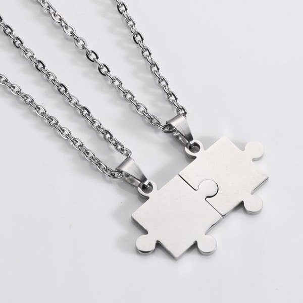 2 Piece Stainless Steel Jigsaw Puzzle Necklace, Couple Necklace, Friendship Necklace, Puzzle Necklace, Gift