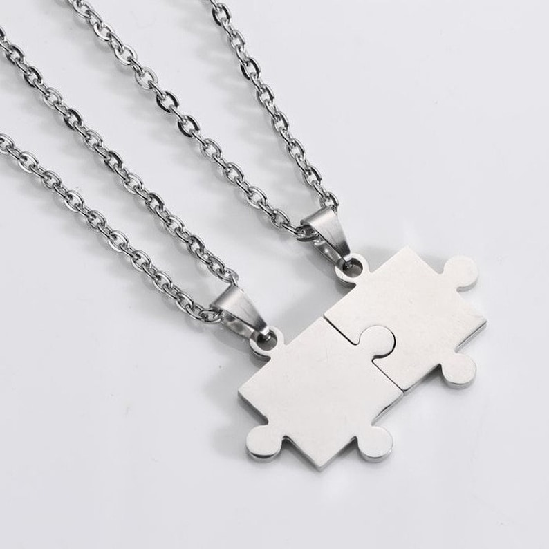 2 Piece Stainless Steel Jigsaw Puzzle Necklace, Couple Necklace, Friendship Necklace, Puzzle Necklace, Gift image 1