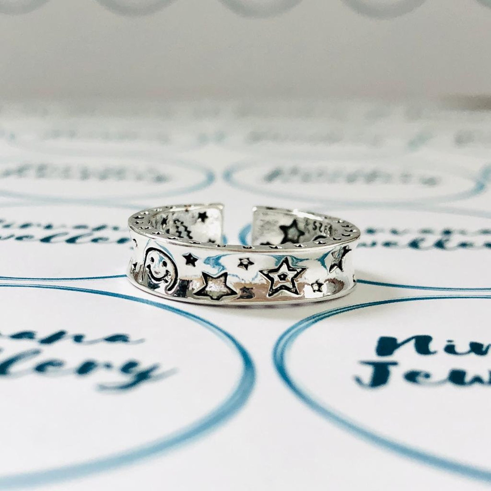 Adjustable Star Lightening Emoji Smiley Face Ring Silver Etsy