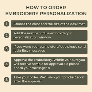 Puede incluir: Gr&aacute;fico beige con el texto "HOW TO ORDER EMBROIDERY PERSONALIZATION". Proporciona instrucciones sobre c&oacute;mo elegir colores, agregar n&uacute;meros de bordado, enviar im&aacute;genes a trav&eacute;s de mensajes de Etsy, aprobar muestras y tomar pedidos.