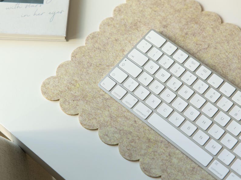 Felt Desk Mat, Scalloped Edges Desk Mat, Desktop Accessories, Large Mouse Pad, Aesthetic Desk Decor, Pastel Desk Mat, Work Bestie Gift Beige