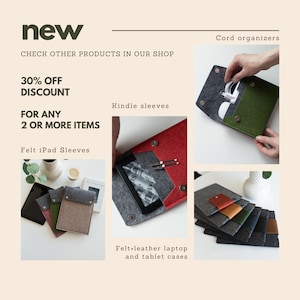 May include: Assortment of felt sleeves and cases for electronics, including a Kindle sleeve, iPad sleeve, and laptop cases. The sleeves are in various colors, including gray, green, brown, red, and black. The text "new" and "30% off discount for any 2 or more items" is visible in the image.