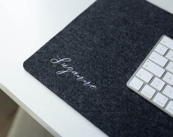 Custom mousepad desk pad, custom embroidery grey felt desk mat, personalized mouse pad gift, keyboard desk mat aesthetic, large xxl desk mat