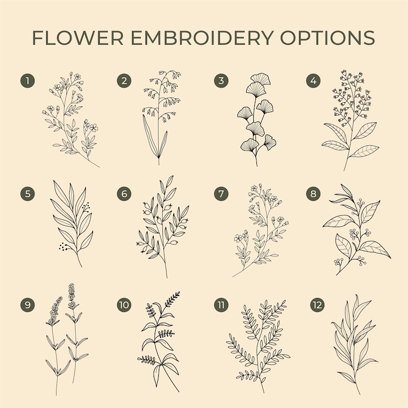Puede incluir: Un fondo beige muestra doce dibujos lineales de opciones de bordado floral. El texto "FLOWER EMBROIDERY OPTIONS" est&aacute; en la parte superior. Cada dise&ntilde;o est&aacute; numerado, mostrando varios estilos bot&aacute;nicos, incluyendo hojas, flores y ramas.