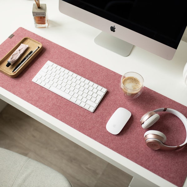 Felt pink desk mat, custom pink mousepad, pastel green desk pad, small to large size felt table protector, aesthetic desk decor for women