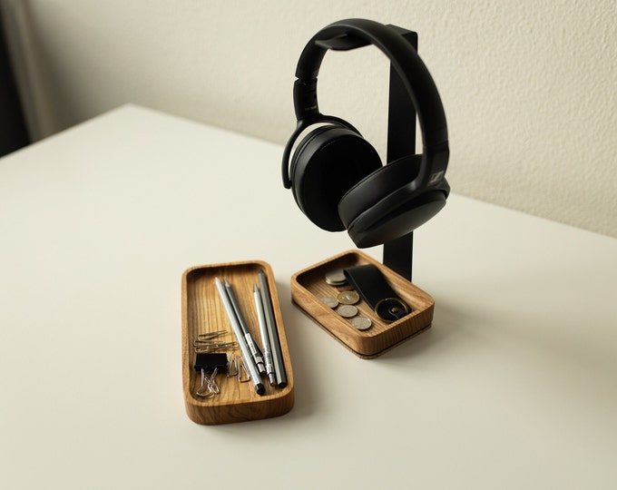 Headphone stand & pen tray desk organizer set, headphone holder, office desk accessories, wooden desk organization tray, headset stand wood