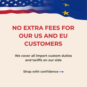 a flag of the United States and the European Union, along with text stating that there are no extra fees for US and EU customers.