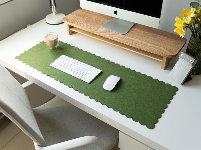 Felt Desk Mat, Scalloped Edges Office Desk Mat, Aesthetic Desk Pad, Christmas Gift For Coworker, Desktop Accessories, Pastel Desk Mat Green