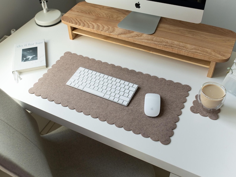 Felt Desk Mat, Scalloped Edges Office Desk Mat, Aesthetic Desk Pad, Christmas Gift For Coworker, Desktop Accessories, Pastel Desk Mat Beige