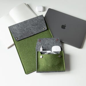 Cord Organizer with Green Laptop Cover, Macbook M5 Case, Laptop Accessories, Felt Charger Holder, Felt Laptop Sleeve, Best Gifts For Him
