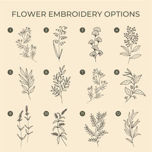 Puede incluir: Un fondo beige muestra doce opciones de bordado bot&aacute;nico, cada una numerada. Los dise&ntilde;os incluyen varias hojas, flores y ramitas, todas renderizadas en arte lineal negro. El texto "FLOWER EMBROIDERY OPTIONS" est&aacute; en la parte superior.