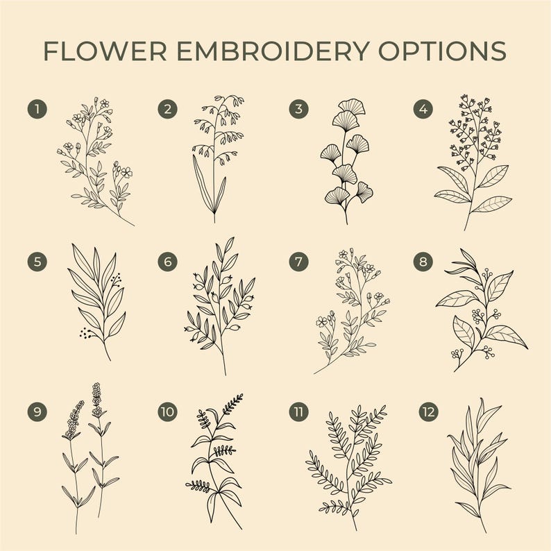 Puede incluir: Un fondo beige muestra doce opciones de bordado bot&aacute;nico, cada una numerada. Los dise&ntilde;os incluyen varias hojas, flores y ramitas, todas renderizadas en arte lineal negro. El texto "FLOWER EMBROIDERY OPTIONS" est&aacute; en la parte superior.