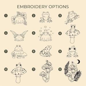 May include: Twelve embroidery designs featuring frogs in various poses, including a frog with wings, a frog wearing a crown, and a frog sitting on a mushroom. The designs are numbered 1 through 12.