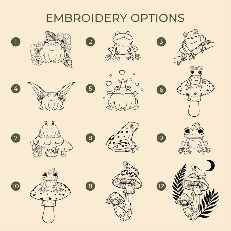 May include: Twelve embroidery designs featuring frogs in various poses, including a frog with wings, a frog wearing a crown, and a frog sitting on a mushroom. The designs are numbered 1 through 12.