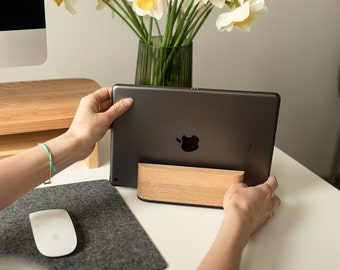 Vertical laptop stand wood, tablet holder, adjustable laptop organizer, desk decor for women office aesthetic, new job gift for her