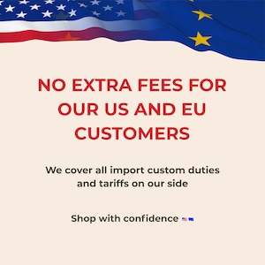 a flag of the United States and the European Union, along with text stating that there are no extra fees for US and EU customers.