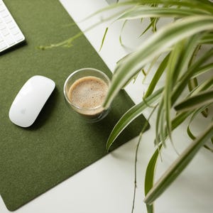 May include: A green felt desk mat with a white computer mouse and a glass of coffee on it. A green plant with white stripes is in the background.