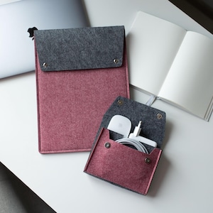 Housse en feutre pour ordinateur portable, étui rose pour femme avec organiseur de câbles, accessoires technologiques, housse pour MacBook, organiseur de câbles de bureau, cadeau étudiant