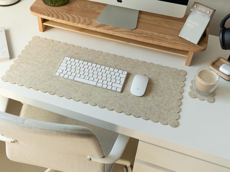 Felt Desk Mat, Scalloped Edges Desk Mat, Desktop Accessories, Large Mouse Pad, Aesthetic Desk Decor, Pastel Desk Mat, Work Bestie Gift image 6