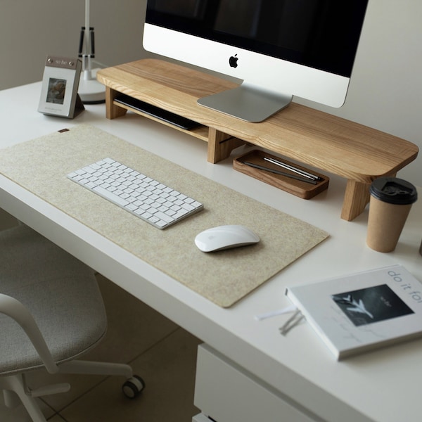 Beige desk mat aesthetic, felt desk pad, keyboard mat, large mouse pad, pastel laptop mat, office desk accessories for women, coworker gift