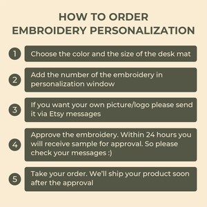 Puede incluir: Gr&aacute;fico beige con el texto "HOW TO ORDER EMBROIDERY PERSONALIZATION". Las instrucciones incluyen elegir el color y el tama&ntilde;o, agregar n&uacute;meros de bordado, enviar logotipos a trav&eacute;s de mensajes de Etsy y aprobar la muestra.